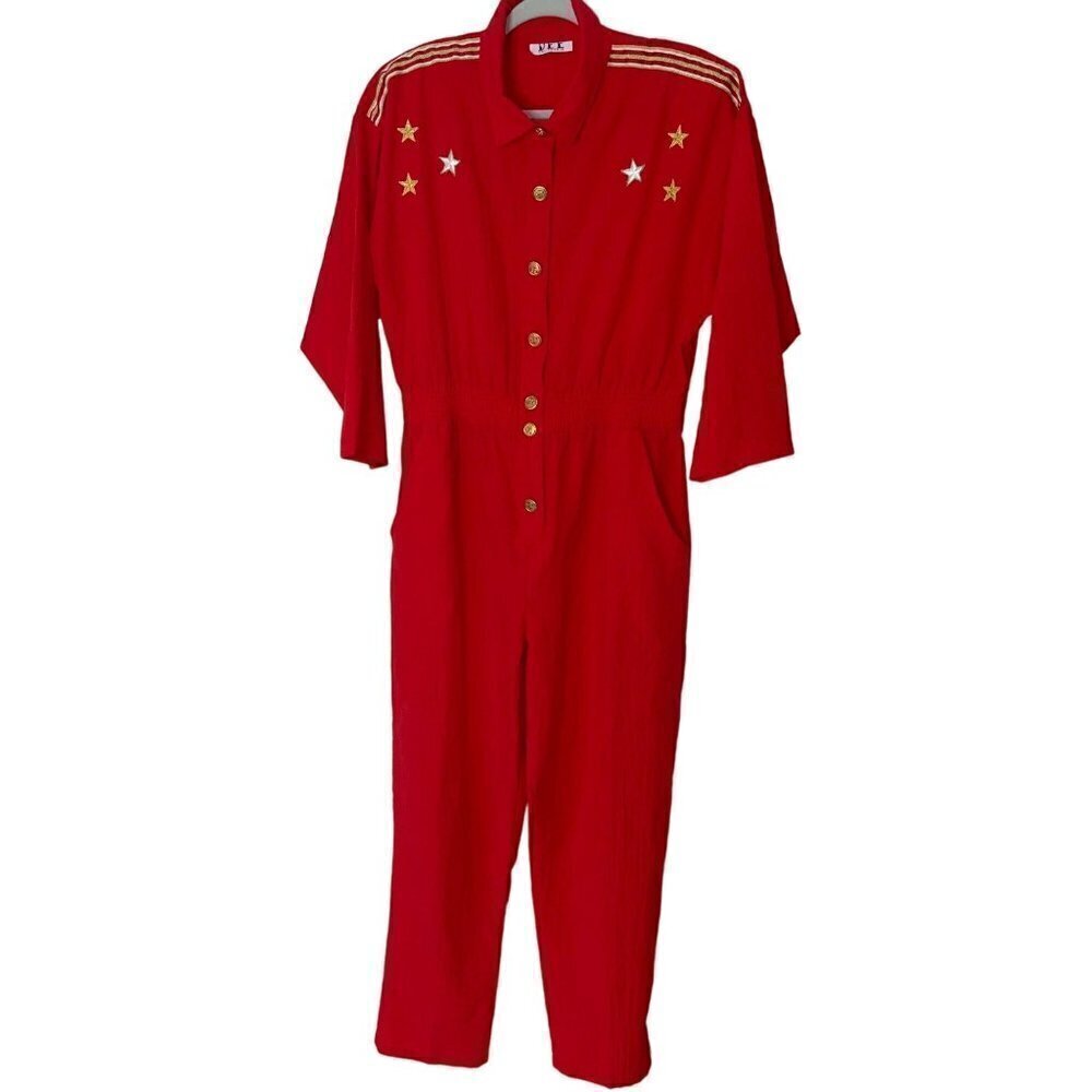 Dee California Vintage Womens Jumpsuit Size Medium Red Nautical Loose Fit Stars